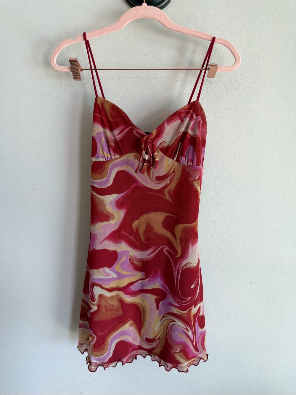 Urban Outfitters Red Swirl Mesh Mini Dress Y2K Lettuce Hem XS NWT